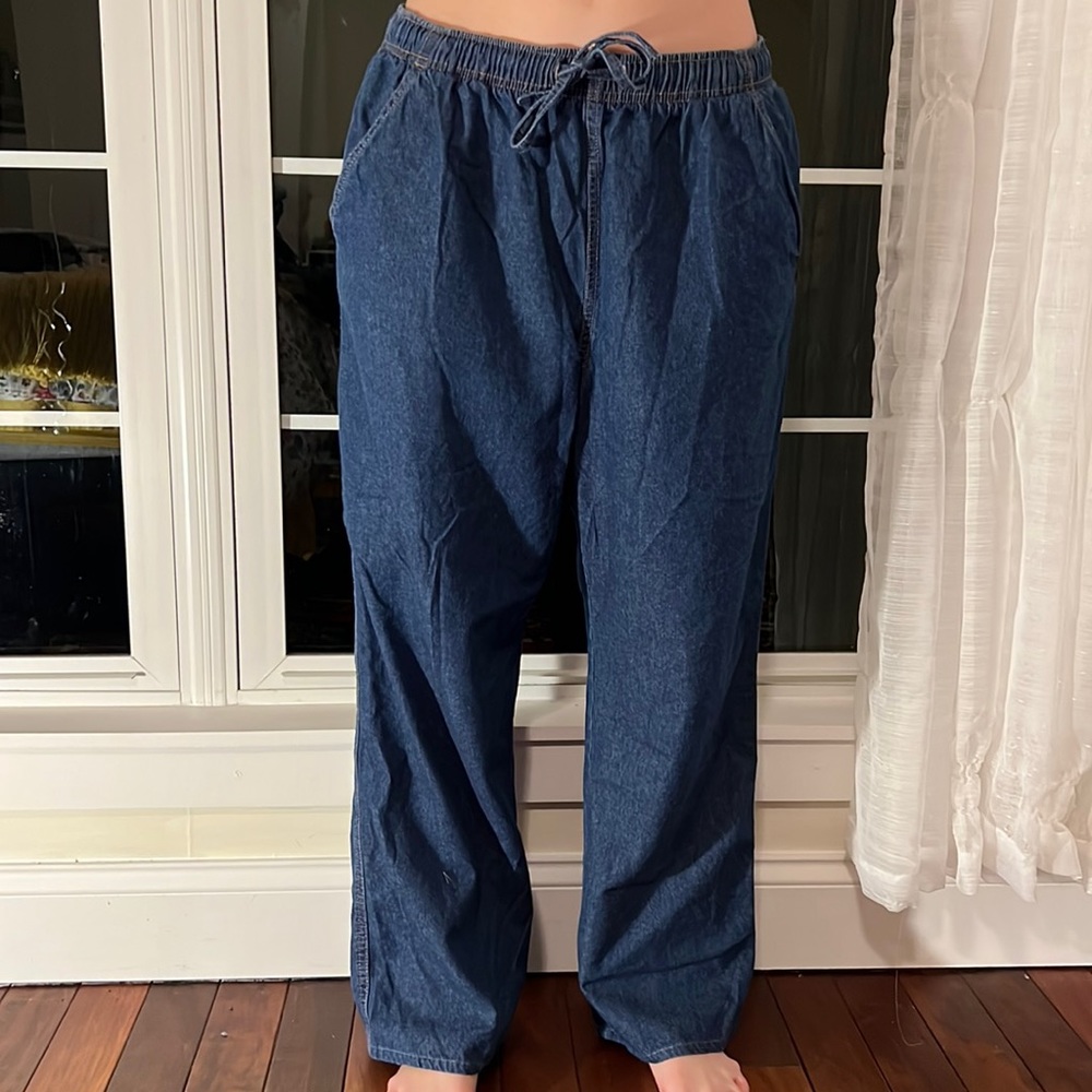 No brand thin denim pants. Elastic waist w draw string. Model is a size 2.